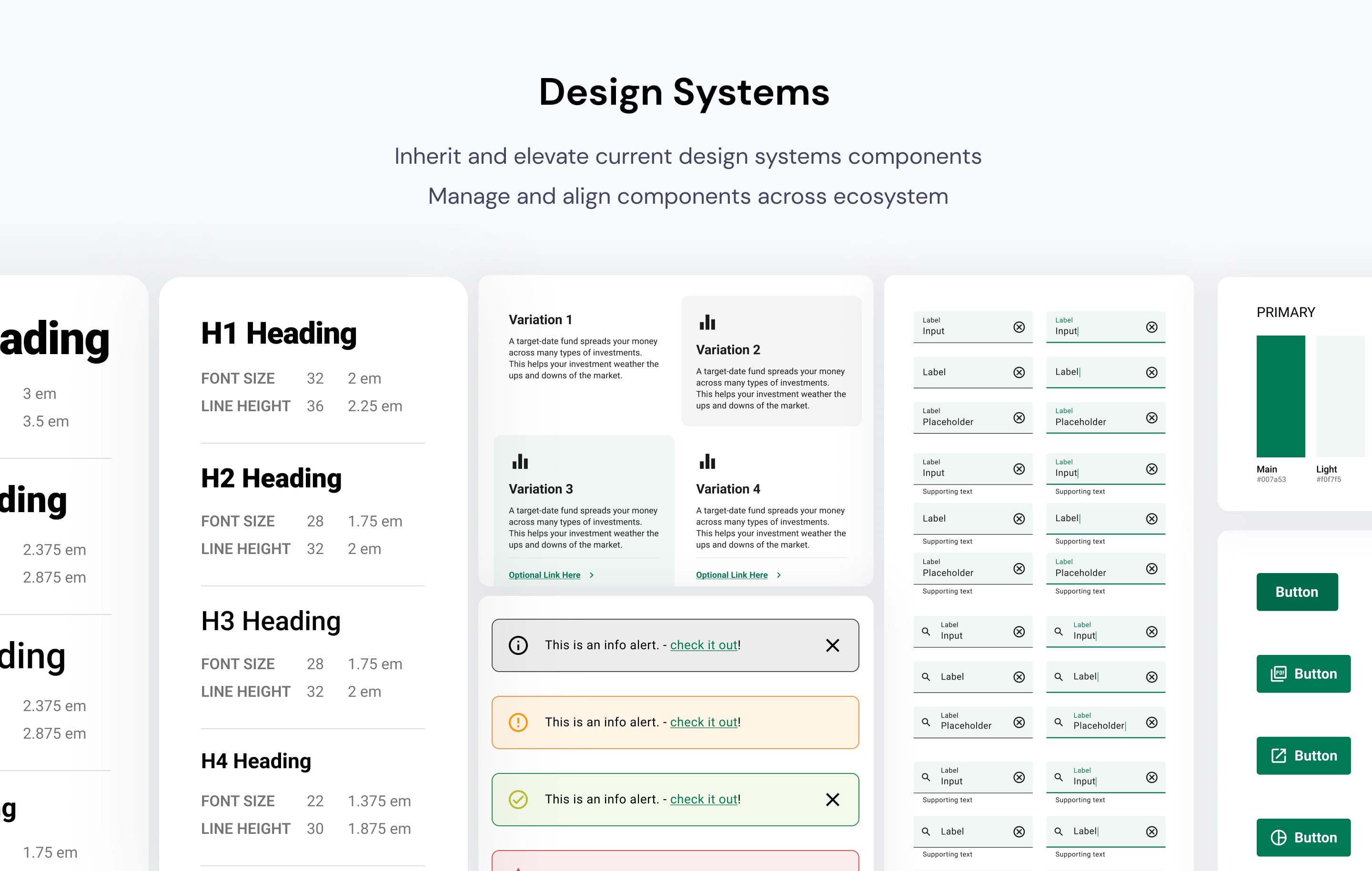 Design system: type scale, components, form fields, alerts, and color tokens